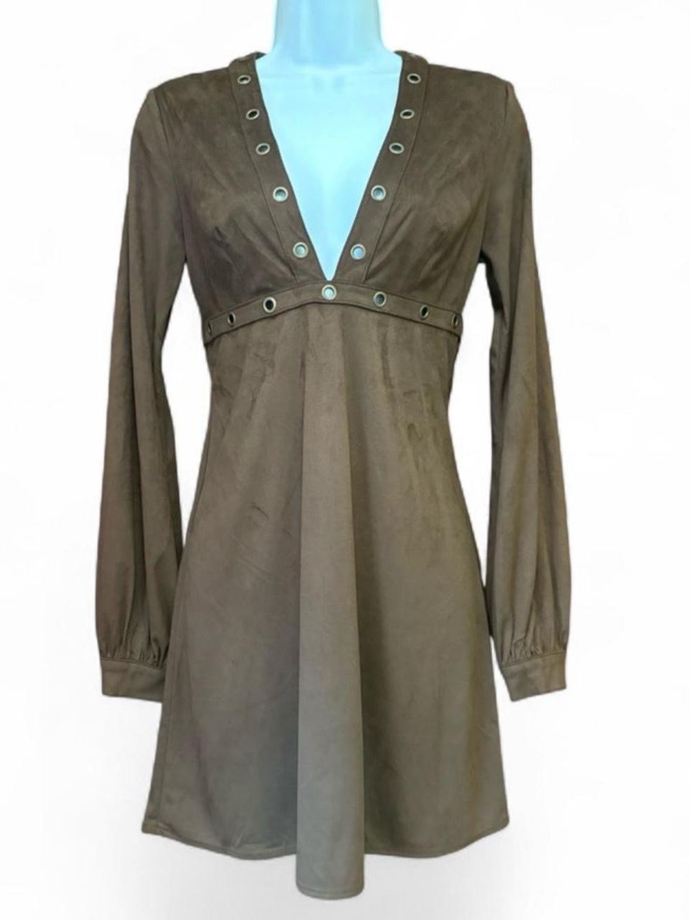 Brown Long Sleeve V-Neck Mini Dress Small Eyelet Trim Faux Suede Boho Western